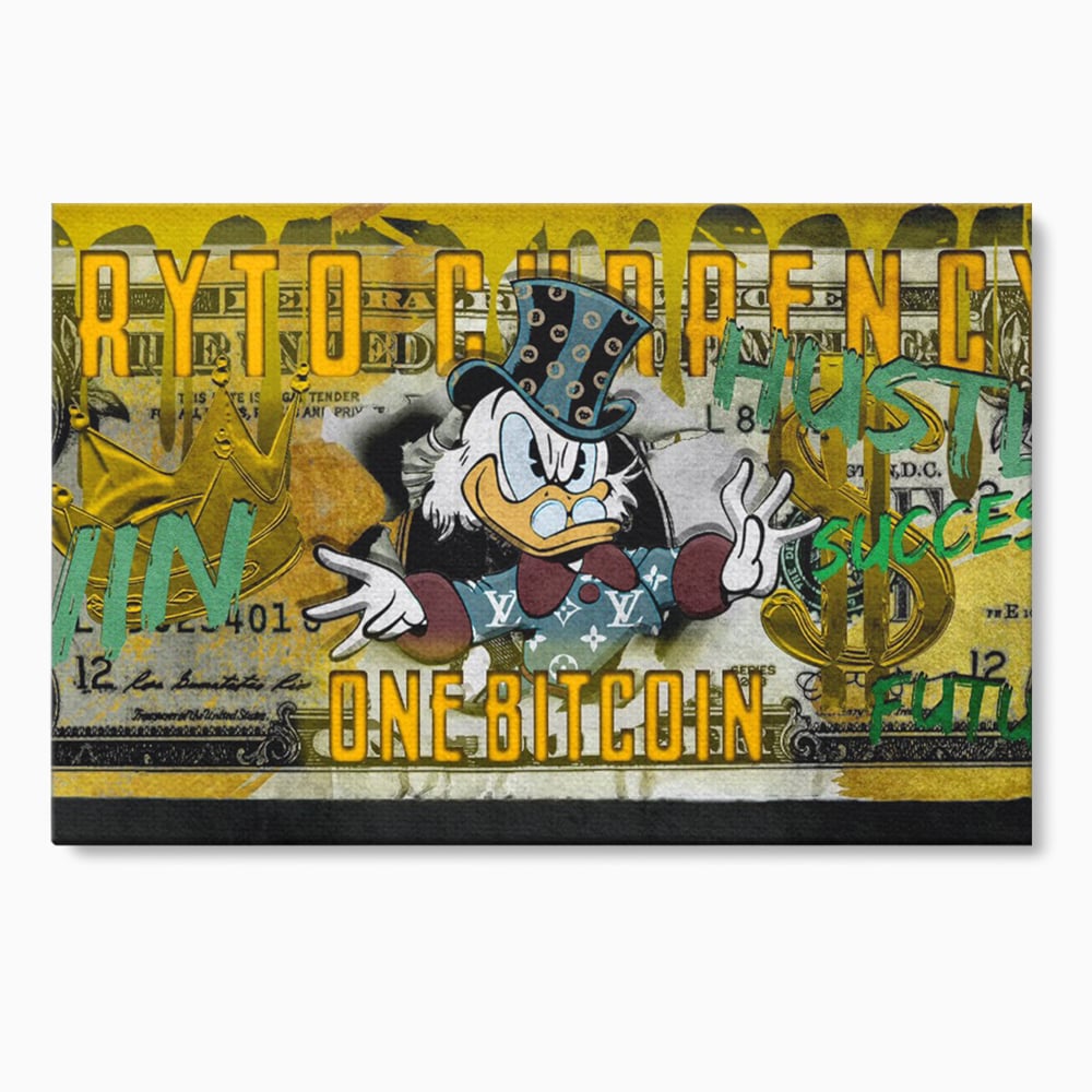 Tablou canvas cu tablou canvas cu donald duck si bitcoin, fara rama, pe sasiu de lemn